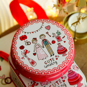 新郎新娘红色粉色马口铁，鼓形喜糖盒子铁盒婚礼，婚庆糖果盒喜糖盒