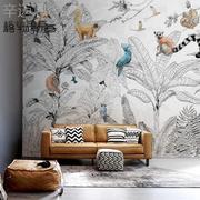 -法式风景热带雨林动植物壁纸，定制大型壁画客厅，餐厅背景墙壁布