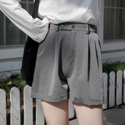 艺野系质感灰色卷边西装，短裤女夏直筒，宽松小个子高腰显瘦阔腿裤