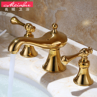 名暖欧式全铜金色三孔冷热水龙头分体8寸双把台下盆洗手间面盆