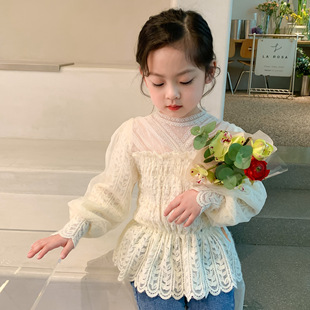 童装2022春季女童韩版淑女蕾丝上衣收腰连衣裙泡泡袖仙女衬衫