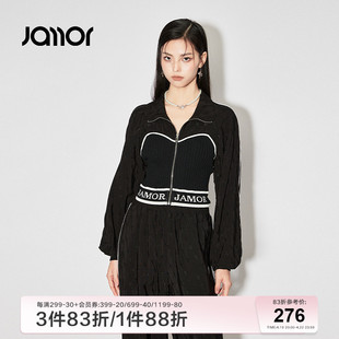 jamor外套女春秋款2024设计感针织拼接短款上衣黑色修身加末