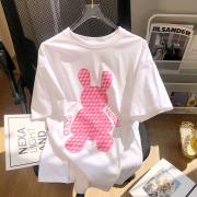 印花兔子白色短袖，t恤女2024夏季宽松字母，设计中长款百搭上衣
