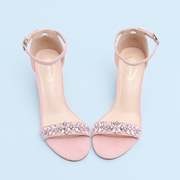 韩版粉色绒面粗中高跟露趾女凉鞋一字式腕带粉水晶钻夏季仙女鞋新