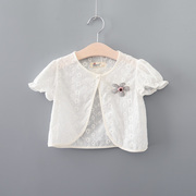夏季镂空儿童披肩纯棉女童白色，短袖小坎肩，宝宝薄款全棉开衫空调衫