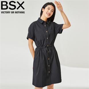 bsx裙子女装，纯棉绑带束腰，短袖衬衫连衣裙05462319