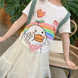 儿童夏季短袖T恤男女童卡通短袖童装上衣动漫鸭子白色彩虹卡通