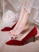 婚鞋女2024年夏季法式新娘，鞋结婚绒面，红色高跟鞋秀禾婚纱两穿