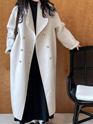 白色羊毛双面呢子大衣外套女秋冬高级感廓形双排扣中长款毛呢外套