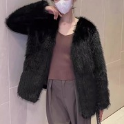 黑色狐狸毛V领环保皮草外套女韩版高级感2024冬托斯卡纳皮毛一体