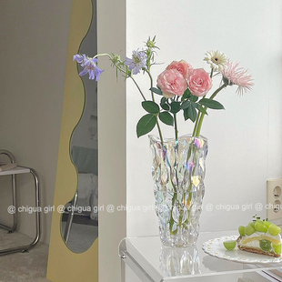 法式斜纹鲜花玻璃花瓶，ins透明高级感富贵竹玫瑰，插花水培客厅摆件