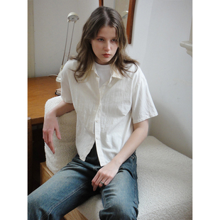 unretro美式复古肌理感洗皱棉麻短袖，衬衫女小个子，短款休闲白衬衣(白衬衣)