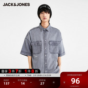 JackJones杰克琼斯奥特莱斯男夏季潮流字母宽松休闲短袖牛仔衬衣