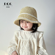 儿童草帽夏季遮阳防晒手工珍珠，帽子女童韩版公主可折叠沙滩渔夫帽