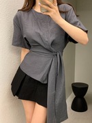 韩国chic夏季法式复古设计感圆领绑带收腰短袖衬衫女显瘦百搭上衣