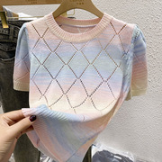 泡泡袖镂空彩色针织短袖T恤女夏季设计感小众圆领小香风条纹上衣