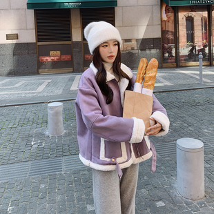 紫色炸街皮毛一体羊羔毛外套(毛外套)女小个子，2023冬加厚时尚保暖棉衣