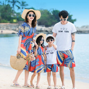 沙滩亲子装一家三口泰国碎花，沙滩裙母女装，三亚海边度假长裙雪纺
