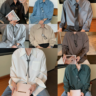 hualun秋季设计感高级休闲灰色衬衫男长袖免烫，纯色内搭韩版白衬衣