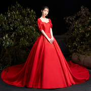 红色婚纱礼服2023主纱中式缎面简约复古新娘，结婚拖尾女小个子