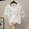 法式白色衬衫中袖女2023夏装全棉方领衬衣中长款宽松镂空刺绣上衣