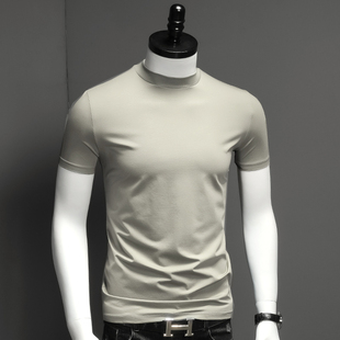 2022夏季男装短袖双丝光棉高圆领T恤衫纯色修身高弹力高品质体恤