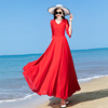 沙滩连衣裙长裙飘逸2024夏季红色，v领显瘦大摆超长款到脚踝女