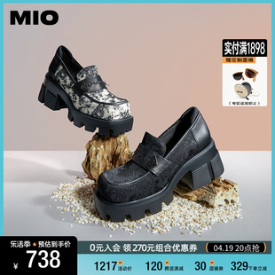 mio米奥春季圆头高跟深口单鞋，新中式国风刺绣，显高厚底乐福鞋女鞋