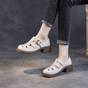 真皮凉鞋女夏季2023年白色复古粗跟镂空编织猪笼鞋，平底单鞋子(单鞋子)