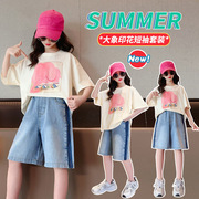 2024夏季女童套装夏装中大童韩版卡通印花短袖牛仔中裤两件套