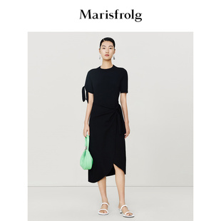 商场同款玛丝菲尔连衣裙夏季立裁绑结式不规则针织小黑裙