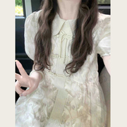新中式连衣裙女夏季法式泡泡袖，娃娃领盘扣木，耳边拼接印花显瘦长裙