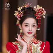 新中式红色秀禾头饰水晶造液花发钗古装发饰传统晨袍复古头饰品