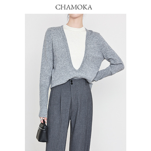 夏莫卡(夏莫卡)时髦开衫圆领灰白色，拼接深v假两件长袖上衣套头针织衫7672
