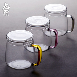 九土日式手工透明玻璃杯花，茶杯带把带盖泡，茶杯加厚耐热家用水杯子