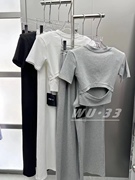 韩版2023春夏季小心机后背镂空T恤+高腰阔腿裤时尚两件套装女
