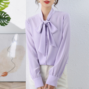 蝴蝶结飘带免烫抗皱高端雪纺缎面紫色衬衫女垂感气质时尚洋气衬衣