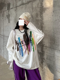 卓娃2023秋韩版彩色图案纯棉，打底衫中长款宽松内搭长袖t恤女