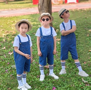 儿童背带短裤套装全棉白T短袖帽子头纱幼儿园毕业照拍摄服装班服