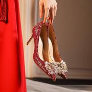 中式秀禾服结婚鞋新娘，鞋女红色尖头高跟鞋不累脚敬酒服鞋