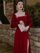 秋季法式长袖订婚敬酒回门结婚新娘小个子红色连衣裙平时可穿礼服