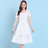 白色绣花短袖高档连衣裙夏季大码网纱显瘦大摆裙子粉红玛丽
