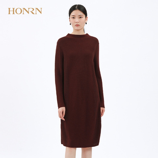 HONRN/红人宽松气质酒红色长袖羊毛针织连衣裙女秋冬显瘦中长裙子