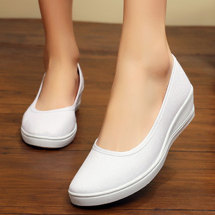 老北京布鞋女鞋一字护士鞋白色坡跟上班工作美容鞋透气小白鞋