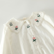 日系小清新花朵刺绣翻领长袖白衬衫女纯棉提花面料甜美松紧袖衬衣