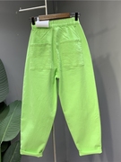 少女绿色高腰显瘦小脚老爹，牛仔九分裤夏季设计感小个子萝卜裤