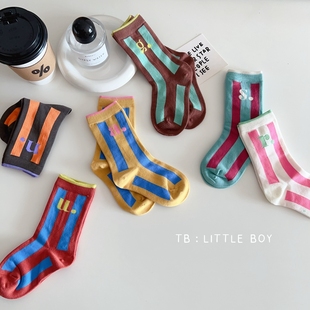 满2双-春季儿童拼色竖条纹，袜子男女韩国ins风网红字母潮童袜