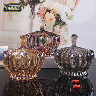 莲花糖罐北欧现代轻奢果盘摆件客厅结婚用精致的玻璃水晶果盘带盖
