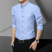 男士衬衫初秋季长袖小立领，无领圆领直领衫衫改良中式韩版修身衬衣