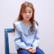 韩国童装女童春秋季荷叶，边领公主t恤上衣，儿童条纹清新长袖娃娃衫